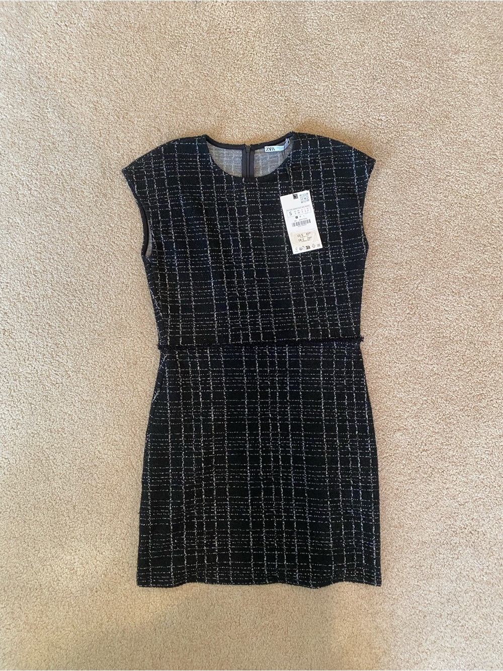 ZARA Black/White Check Tweed Sheath Dress Round Neck Cap Sleeve Lined Size S